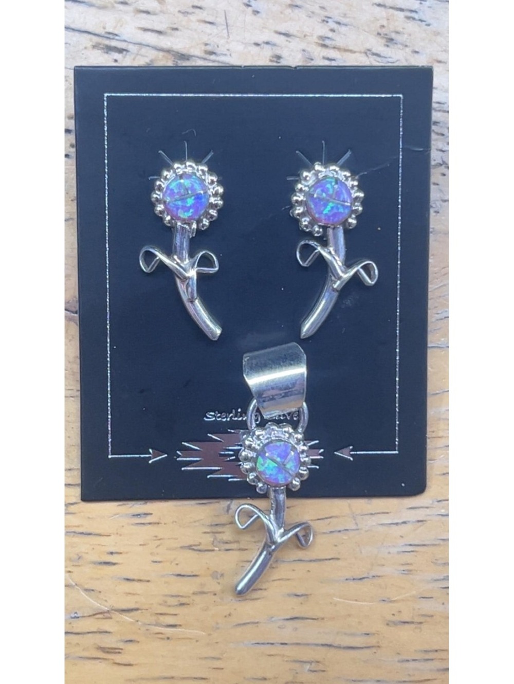 Navajo jewelry handmade sterling silver inlay opal flower earring pendant set